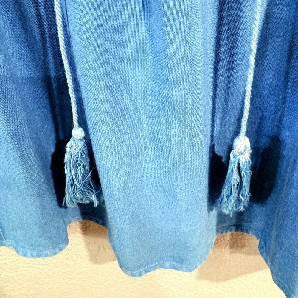 Boho Embroidered Peasant Top Blue Tassel V-Neck Peplum Blouse Size L - Picture 7 of 10